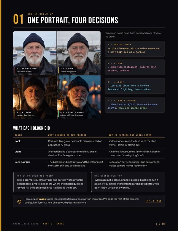 Guide page: one portrait built up in four steps, subject, look, light, then lens and colour