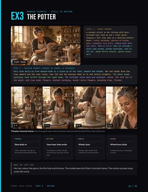 Guide page: a worked example of a potter at the wheel, from still to clip