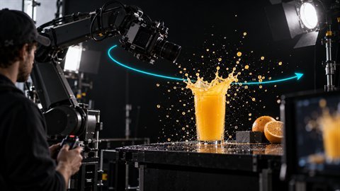 Camera on a robotic arm circling a glass of orange juice as it splashes on a dark studio table