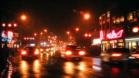 Rainy city street at night with neon signs, red traffic lights and glowing car tail lights