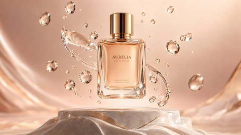 Perfume bottle on a marble plinth with floating water droplets, a studio product render still